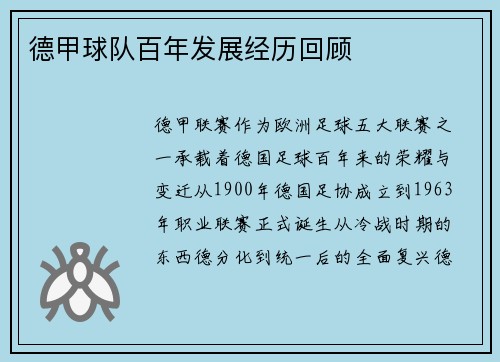 德甲球队百年发展经历回顾