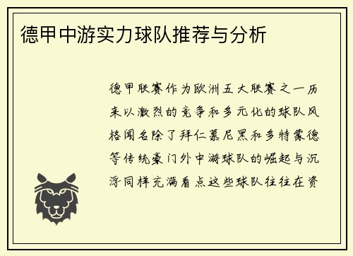 德甲中游实力球队推荐与分析