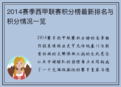 2014赛季西甲联赛积分榜最新排名与积分情况一览