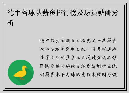 德甲各球队薪资排行榜及球员薪酬分析