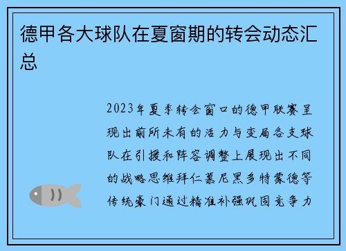 德甲各大球队在夏窗期的转会动态汇总